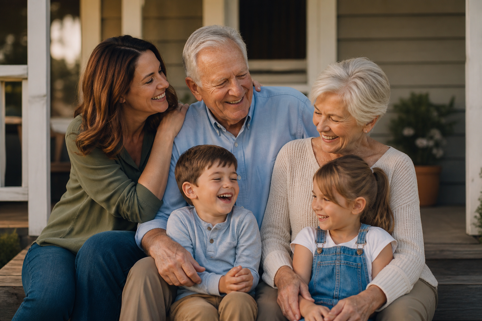 Multigenerational family together on a porch